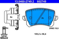 ATE 602749 - Número de PR: 2EA<br>Lado de montaje: Eje trasero<br>Equipamiento de vehículo: para vehículos con freno de estacionamiento electrónico<br>Ancho [mm]: 105,2<br>Altura [mm]: 56,4<br>Espesor [mm]: 16,9<br>Contacto avisador de desgaste: no preparado para indicador de desgaste<br>Contacto avisador de desgaste: excl. contacto de avisador de desgaste<br>Artículo complementario/Información complementaria: con accesorios<br>Artículo complementario / información complementaria 2: con tornillos pinza freno<br>cantidad de tornillos: 4<br>Sistema de frenos: Lucas / TRW<br>Homologación: E1 90R-02A0498/0349<br>