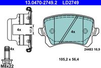 ATE LD2749 - Número de PR: 2EA<br>Lado de montaje: Eje trasero<br>Equipamiento de vehículo: para vehículos con freno de estacionamiento electrónico<br>Ancho [mm]: 105,2<br>Altura [mm]: 56,4<br>Espesor [mm]: 16,9<br>Contacto avisador de desgaste: no preparado para indicador de desgaste<br>Contacto avisador de desgaste: excl. contacto de avisador de desgaste<br>Artículo complementario/Información complementaria: con accesorios<br>Artículo complementario / información complementaria 2: con tornillos pinza freno<br>cantidad de tornillos: 4<br>Sistema de frenos: Lucas / TRW<br>Homologación: E1 90R-02A0258/0350<br>Permitido hasta la potencia del vehículo [kW]: 225<br>