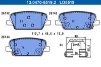 ATE LD5517 - Lado de montaje: Eje trasero<br>Equipamiento de vehículo: para vehículos sin freno de estacionamiento electrónico<br>Ancho [mm]: 110,3<br>Altura 1 [mm]: 54,1<br>Espesor [mm]: 16,1<br>Contacto avisador de desgaste: con avisador acústico de desgaste<br>Artículo complementario/Información complementaria: con accesorios<br>Sistema de frenos: Mando<br>Homologación: E9 90R-02A1242/5403<br>Permitido hasta la potencia del vehículo [kW]: 225<br>