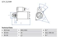 BOSCH 0986018270 - Tensión [V]: 12<br>Número de dientes: 10<br>Potencia nominal [kW]: 2,3<br>Restricción de fabricante: BOSCH<br>Diámetro [mm]: 27<br>Sentido de giro: Sentido de giro a la derecha (horario)<br>Diámetro de brida [mm]: 82<br>Longitud 1 [mm]: 178<br>Longitud 2 [mm]: 25<br>