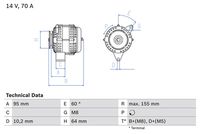 BOSCH 0986038730 - Tensión [V]: 12<br>Corriente de carga alternador [A]: 90<br>Restricción de fabricante: MITSUBISHI<br>