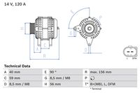 BOSCH 0986041860 - Tensión [V]: 14<br>Corriente de carga alternador [A]: 70<br>Tipo de sujeción: Brazo oscilante doble<br>Modelo de alternador: excl. bomba vacío<br>Distancia de polea a alternador [mm]: 39,5<br>Sentido de giro: Sentido de giro a la derecha (horario)<br>Poleas: con polea múltiple<br>Número de canales: 6<br>poleas - Ø [mm]: 56<br>Pinza: B+(M8)<br>ID del modelo de conector: 81<br>Longitud [mm]: 156<br>extensión de reparación recomendada: correas trapezial, poli V<br>