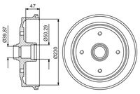 BOSCH 0986477176 - año construcción desde: 08/1970<br>Lado de montaje: Eje trasero<br>Diámetro interior de tambor de freno [mm]: 230<br>Diámetro exterior del tambor de freno [mm]: 262<br>H tamb. freno interna [mm]: 50<br>H tamb. freno total [mm]: 94<br>corona de agujeros - Ø [mm]: 130<br>Número de orificios: 4<br>Diámetro de centrado [mm]: 26,3<br>