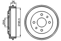 BOSCH 0986477055 - año construcción desde: 02/1992<br>Lado de montaje: Eje trasero<br>Diámetro interior de tambor de freno [mm]: 185,0<br>Rebajado máx. tambor de freno [mm]: 186,8<br>H tamb. freno interna [mm]: 37,0<br>Número de orificios: 4<br>corona de agujeros - Ø [mm]: 98,0<br>Diámetro de orificio [mm]: 13,6<br>H tamb. freno total [mm]: 53,0<br>Diámetro exterior del tambor de freno [mm]: 219,0<br>Diámetro alojamiento [mm]: 59,0<br>Homologación: E1 90R-02D0324/1949<br>