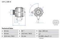 BOSCH 0986083420 - Código de motor: F16D4<br>año construcción hasta: 12/2010<br>Clase de caja de cambios: Caja de cambios manual<br>Tensión [V]: 14<br>Corriente de carga alternador [A]: 100<br>Tipo de sujeción: Brazo oscilante doble<br>Modelo de alternador: excl. bomba vacío<br>Distancia de polea a alternador [mm]: 64<br>Sentido de giro: Sentido de giro a la derecha (horario)<br>Poleas: con polea múltiple<br>Número de canales: 6<br>poleas - Ø [mm]: 54<br>Pinza: B+(M8),F,L<br>ID del modelo de conector: PL180<br>Longitud [mm]: 183<br>extensión de reparación recomendada: correas trapezial, poli V<br>