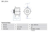 BOSCH 0986041940 - Código de motor: 8060.45S.6700<br>Código de motor: 8060.45S.6705<br>Código de motor: 8060.45S.6706<br>Código de motor: 8060.45S.6707<br>Código de motor: 8060.45S.6710<br>Código de motor: 8060.45S.6711<br>Código de motor: 8060.45S.7250<br>Código de motor: 8060.45S.7251<br>Código de motor: 8060.45S.7253<br>Código de motor: 8060.45S.7255<br>año construcción desde: 01/1994<br>año construcción hasta: 07/2000<br>Tensión [V]: 28<br>Corriente de carga alternador [A]: 80<br>Tipo de sujeción: Brazo oscilante doble<br>Modelo de alternador: excl. bomba vacío<br>Sentido de giro: Sentido de giro a la derecha (horario)<br>Poleas: sin polea<br>Pinza: B+(M8),B-(M6),L(5)<br>Longitud [mm]: 181<br>extensión de reparación recomendada: correas trapezial, poli V<br>