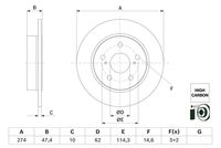 BOSCH 0986479H62 - Espesor de disco de frenos [mm]: 10<br>Llanta, nº de taladros: 5<br>Espesor [mm]: 47<br>Diámetro exterior [mm]: 274<br>corona de agujeros - Ø [mm]: 114<br>Superficie: revestido<br>Tipo de disco de frenos: macizo<br>Lado de montaje: Eje trasero<br>Espesor mínimo [mm]: 8,5<br>Diámetro de centrado [mm]: 62<br>Peso [kg]: 4,0<br>