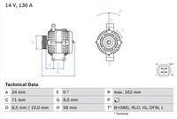 BOSCH 0986082070 - Tensión [V]: 12<br>Corriente de carga alternador [A]: 130<br>poleas - Ø [mm]: 58<br>Número de nervaduras: 7<br>Peso [kg]: 6,32<br>