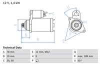 BOSCH 0986018321 - año construcción hasta: 08/2000<br>N.º de chasis (VIN) desde: T3000001<br>N.º de chasis (VIN) desde: T4000001<br>N.º de chasis (VIN) desde: T6000001<br>Sentido de giro: Sentido de giro a la derecha (horario)<br>Número de dientes: 9<br>Diámetro de montaje [mm]: 78<br>Tensión [V]: 12<br>Potencia nominal [kW]: 1,4<br>