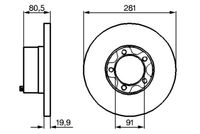 BOSCH 0986478138 - N.º de chasis (VIN) desde: 28-D-007274<br>Lado de montaje: Eje delantero<br>Diámetro exterior [mm]: 281,0<br>Espesor de disco de frenos [mm]: 19,9<br>Espesor mínimo [mm]: 18,0<br>Tipo de disco de frenos: macizo<br>Superficie: revestido<br>Número de orificios: 5<br>corona de agujeros - Ø [mm]: 115,0<br>Altura [mm]: 80,5<br>Diámetro de centrado [mm]: 91,0<br>Diámetro interior [mm]: 128,5<br>Medida de rosca: M14x1,5<br>Homologación: E1 90R-02C0165/0757<br>