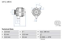 BOSCH 0986080380 - N.º de chasis (VIN) desde: 71111928<br>Tensión [V]: 14<br>Corriente de carga alternador [A]: 120<br>Tipo de sujeción: Brazo oscilante simple<br>Modelo de alternador: excl. bomba vacío<br>Distancia de polea a alternador [mm]: 113<br>Sentido de giro: Sentido de giro a la derecha (horario)<br>Poleas: con polea de rueda libre<br>Número de canales: 6<br>poleas - Ø [mm]: 54,3<br>Longitud [mm]: 188<br>extensión de reparación recomendada: correas trapezial, poli V<br>