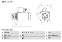 BOSCH 0986022840 - Tensión [V]: 12<br>Número de dientes: 10<br>Potencia nominal [kW]: 1,4<br>Restricción de fabricante: VISTEON<br>Diámetro [mm]: 26<br>Sentido de giro: Sentido de giro a la derecha (horario)<br>Diámetro de brida [mm]: 76<br>Longitud 1 [mm]: 173<br>Longitud 2 [mm]: 15<br>