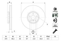 BOSCH 0986479F54 - Lado de montaje: Eje delantero, izquierda<br>Frenos: Para vehículos sin frenos deportivos M<br>Diámetro exterior [mm]: 374,0<br>Espesor de disco de frenos [mm]: 36,0<br>Espesor mínimo [mm]: 34,4<br>Tipo de disco de frenos: disco de freno de dos piezas<br>Tipo de disco de frenos: ventilado<br>Procesamiento: altamente carbonizado<br>Superficie: revestido<br>Número de orificios: 5<br>Referencia artículo par: 24.0136-0140.2<br>corona de agujeros - Ø [mm]: 112,0<br>Altura [mm]: 66,1<br>Diámetro de centrado [mm]: 67,0<br>Diámetro interior [mm]: 153,7<br>Diámetro de orificio [mm]: 16,5<br>Artículo complementario / información complementaria 2: con tornillos<br>Homologación: E1 90R-02C0391/1034<br>