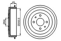 BOSCH 0986477109 - Llanta, nº de taladros: 4<br>Ancho [mm]: 45<br>Espesor [mm]: 61<br>Diámetro interior [mm]: 203<br>Diámetro exterior [mm]: 249<br>corona de agujeros - Ø [mm]: 192<br>Rebajado máx. tambor de freno [mm]: 204,7<br>Lado de montaje: Eje trasero<br>Diámetro de centrado [mm]: 59<br>Peso [kg]: 4,55<br>