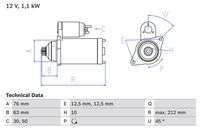 BOSCH 0986027090 - año construcción desde: 06/2010<br>Equipamiento de vehículo: para vehículos sin sistema Start&Stop<br>Clase de caja de cambios: Transmisión de embrague doble<br>Tensión [V]: 12<br>Potencia nominal [kW]: 1,2<br>Cantidad de agujeros de fijación: 2<br>Cant. taladros roscados: 0<br>Número de dientes: 11<br>Pinza: 30,50<br>Diámetro de brida [mm]: 79<br>Sentido de giro: Sentido de giro a la izquierda (antihorario)<br>Posición básica piñón [mm]: 63<br>Diámetro de orificio [mm]: 12,6<br>Diámetro de orificio 2 [mm]: 12,6<br>Longitud [mm]: 212<br>Posición/Grado: rechts<br>Ángulo de sujeción [grados]: 47<br>Medida ángulo brazo trinagular [grados]: 47<br>