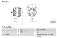 BOSCH 0986047420 - Código de motor: D 0834 LFLAH<br>año construcción desde: 03/2021<br>para OE N°: 51 26101 7270<br>Tensión [V]: 28<br>Corriente de carga alternador [A]: 110<br>Tipo de sujeción: Fijación de tres puntos<br>Modelo de alternador: excl. bomba vacío<br>Sentido de giro: Sentido de giro a la derecha (horario)<br>Poleas: sin polea<br>Pinza: B+(M8)<br>ID del modelo de conector: 82<br>Longitud [mm]: 199<br>extensión de reparación recomendada: correas trapezial, poli V<br>