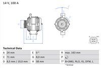 BOSCH 0986049970 - Tensión [V]: 12<br>Corriente de carga alternador [A]: 100<br>poleas - Ø [mm]: 58<br>Poleas: con polea<br>Número de nervaduras: 7<br>Peso [kg]: 5,78<br>para OE N°: 27060-0G011<br>