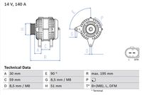 BOSCH 0986082230 - Tensión [V]: 12<br>Corriente de carga alternador [A]: 140<br>Restricción de fabricante: BOSCH<br>Calidad: RECONSTRUIDO<br>