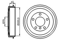 BOSCH 0986477043 - Lado de montaje: Eje trasero<br>Diámetro interior de tambor de freno [mm]: 229<br>Rebajado máx. tambor de freno [mm]: 229,5<br>H tamb. freno interna [mm]: 47,0<br>Número de orificios: 5<br>corona de agujeros - Ø [mm]: 120,0<br>Diámetro alojamiento [mm]: 75,0<br>Diámetro de orificio [mm]: 14,6<br>H tamb. freno total [mm]: 58,7<br>Diámetro exterior del tambor de freno [mm]: 270,0<br>Homologación: E1 90R-02D0324/1950<br>