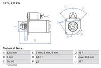 BOSCH 0986017790 - Tensión [V]: 12<br>Número de dientes: 9<br>Potencia nominal [kW]: 2,2<br>Restricción de fabricante: BOSCH<br>Diámetro [mm]: 29<br>Sentido de giro: Sentido de giro a la derecha (horario)<br>Diámetro de brida [mm]: 82<br>Longitud 1 [mm]: 193<br>Longitud 2 [mm]: 12<br>