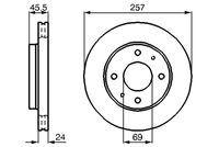 BOSCH 0986478774 - Espesor de disco de frenos [mm]: 24<br>Llanta, nº de taladros: 4<br>Cantidad de agujeros de fijación: 2<br>Espesor [mm]: 45<br>Diámetro exterior [mm]: 257<br>corona de agujeros - Ø [mm]: 114<br>Superficie: revestido<br>Tipo de disco de frenos: ventilación interna<br>Lado de montaje: Eje delantero<br>Espesor mínimo [mm]: 22,4<br>Diámetro de centrado [mm]: 69<br>Peso [kg]: 5,550<br>