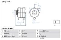 BOSCH 0986036851 - Restricción de fabricante: MITSUBISHI<br>Tensión [V]: 14<br>Corriente de carga alternador [A]: 55<br>Tipo de sujeción: Brazo oscilante doble<br>Modelo de alternador: excl. bomba vacío<br>Distancia de polea a alternador [mm]: 45<br>Sentido de giro: Sentido de giro a la derecha (horario)<br>Poleas: con polea múltiple<br>Número de canales: 4<br>poleas - Ø [mm]: 56<br>Pinza: D+<br>Pinza: B+(M6)<br>ID del modelo de conector: PL26<br>Longitud [mm]: 154<br>extensión de reparación recomendada: correas trapezial, poli V<br>