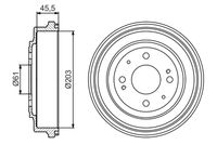 BOSCH 0986477166 - Lado de montaje: Eje trasero<br>Diámetro interior de tambor de freno [mm]: 203<br>H tamb. freno interna [mm]: 46<br>Diámetro de orificio de cubo [mm]: 61<br>Número de taladros: 4<br>Superficie: barnizado<br>H tamb. freno total [mm]: 62,5<br>Diámetro de centrado [mm]: 61<br>