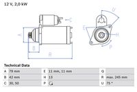 BOSCH 0986026160 - Clase de caja de cambios: Transmisión de embrague doble<br>Equipamiento de vehículo: para vehículos sin sistema Start&Stop<br>Tensión [V]: 12<br>Potencia nominal [kW]: 2<br>Cantidad de agujeros de fijación: 2<br>Cant. taladros roscados: 0<br>Número de dientes: 11<br>Pinza: 50<br>Pinza: 30<br>Diámetro de brida [mm]: 79<br>Sentido de giro: Sentido de giro a la izquierda (antihorario)<br>Posición básica piñón [mm]: 42,5<br>Modelo motor arranque: autoexpelente<br>Diámetro de orificio [mm]: 11<br>Diámetro de orificio 2 [mm]: 11<br>Longitud [mm]: 251<br>Posición/Grado: rechts<br>Ángulo de sujeción [grados]: 73<br>Medida ángulo brazo trinagular [grados]: 73<br>