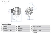 BOSCH 0986049061 - año construcción hasta: 12/1993<br>año construcción hasta: 12/1993<br>Tensión [V]: 14<br>Corriente de carga alternador [A]: 70<br>Tipo de sujeción: Brazo oscilante doble<br>Modelo de alternador: excl. bomba vacío<br>Distancia de polea a alternador [mm]: 62<br>Sentido de giro: Sentido de giro a la izquierda (antihorario)<br>Poleas: con polea<br>Número de canales: 1<br>poleas - Ø [mm]: 75<br>Pinza: B+(M6),L<br>ID del modelo de conector: PL26<br>Longitud [mm]: 161<br>extensión de reparación recomendada: correas trapezial, poli V<br>