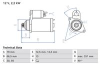 BOSCH 0986026340 - Código de motor: DMZA<br>año construcción desde: 12/2020<br>Tensión [V]: 12<br>Potencia nominal [kW]: 2<br>Cantidad de agujeros de fijación: 2<br>Cant. taladros roscados: 0<br>Número de dientes: 13<br>Pinza: 30<br>Diámetro de brida [mm]: 79<br>Sentido de giro: Sentido de giro a la izquierda (antihorario)<br>Posición básica piñón [mm]: 42,2<br>Modelo motor arranque: autoexpelente<br>Diámetro de orificio [mm]: 11<br>Diámetro de orificio 2 [mm]: 11<br>Longitud [mm]: 245<br>Posición/Grado: rechts<br>Ángulo de sujeción [grados]: 75<br>Medida ángulo brazo trinagular [grados]: 75<br>