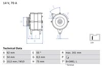 BOSCH 0986037791 - año construcción hasta: 12/1993<br>Tensión [V]: 14<br>Corriente de carga alternador [A]: 55<br>Tipo de sujeción: Brazo oscilante doble<br>Modelo de alternador: excl. bomba vacío<br>Distancia de polea a alternador [mm]: 45<br>Sentido de giro: Sentido de giro a la derecha (horario)<br>Poleas: con polea múltiple<br>Número de canales: 4<br>poleas - Ø [mm]: 56<br>Pinza: D+<br>Pinza: B+(M6)<br>ID del modelo de conector: PL26<br>Longitud [mm]: 154<br>extensión de reparación recomendada: correas trapezial, poli V<br>