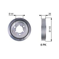 GATES TVD1055 - Ancho [mm]: 25<br>Diámetro interior [mm]: 44<br>Diámetro exterior [mm]: 148<br>Número de nervaduras: 5<br>Peso [kg]: 1,26<br>Parámetro: 6PK<br>para OE N°: 0515.R8 S1<br>Artículo complementario / información complementaria 2: con tornillos<br>