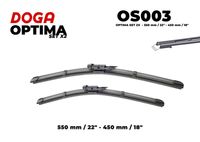 DOGA OS003 - Lado de montaje: lado del conductor<br>Adaptador de ajuste: B1<br>Tipo de escobilla: Escobilla con hoja plana<br>Lado de montaje: delante<br>Longitud [mm]: 550<br>Longitud [pulgada]: 22<br>