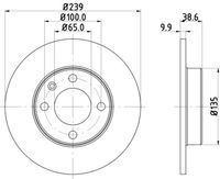 HELLA PAGID 8DD355100051 - Lado de montaje: Eje delantero<br>Espesor de disco de frenos [mm]: 10<br>Llanta, nº de taladros: 4<br>Cantidad de agujeros de fijación: 1<br>Espesor [mm]: 38,6<br>Diámetro exterior [mm]: 239<br>corona de agujeros - Ø [mm]: 100<br>Superficie: revestido<br>Tipo de disco de frenos: macizo<br>Espesor mínimo [mm]: 8<br>Diámetro de centrado [mm]: 65<br>Peso [kg]: 3,025<br>