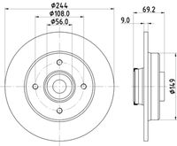 HELLA PAGID 8DD355132161 - Lado de montaje: Eje trasero<br>año construcción hasta: 12/2017<br>Tipo de disco de frenos: macizo<br>Diámetro exterior [mm]: 249<br>Espesor de disco de frenos [mm]: 9<br>Espesor mínimo [mm]: 7,5<br>Superficie: revestido<br>Altura [mm]: 69,2<br>Diseño/cantidad de taladros: 04/04<br>corona de agujeros - Ø [mm]: 108<br>Diámetro de centrado [mm]: 55,9<br>Diám. muñón del eje [mm]: 30<br>Diámetro interior [mm]: 142,5<br>Diámetro de orificio para perno de rueda [mm]: 12<br>Artículo complementario / información complementaria 2: con anillo sensor magnético incorporado<br>Artículo complementario / información complementaria 2: con cojinete rueda<br>Artículo complementario/Información complementaria: con tuerca del eje<br>Artículo complementario / información complementaria 2: sin perno de sujeción de rueda<br>Artículo complementario / información complementaria 2: con buje de rueda<br>Peso [kg]: 5,1<br>Nº de información técnica: 55021PRO<br>