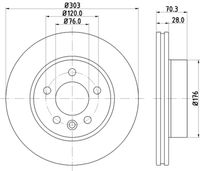 HELLA PAGID 8DD355125561 - Espesor de disco de frenos [mm]: 30<br>Llanta, nº de taladros: 5<br>Cantidad de agujeros de fijación: 1<br>Espesor [mm]: 70<br>Diámetro exterior [mm]: 325<br>corona de agujeros - Ø [mm]: 120<br>Superficie: revestido<br>Tipo de disco de frenos: ventilación interna<br>Lado de montaje: Eje delantero<br>Espesor mínimo [mm]: 27<br>Diámetro de centrado [mm]: 76<br>Peso [kg]: 11,5<br>