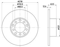 HELLA PAGID 8DD355100071 - Espesor de disco de frenos [mm]: 10<br>Llanta, nº de taladros: 5<br>Cantidad de agujeros de fijación: 2<br>Espesor [mm]: 69,5<br>Diámetro exterior [mm]: 279<br>corona de agujeros - Ø [mm]: 112<br>Superficie: revestido<br>Tipo de disco de frenos: macizo<br>Lado de montaje: Eje trasero<br>Espesor mínimo [mm]: 8,3<br>Diámetro de centrado [mm]: 67<br>Peso [kg]: 4,27<br>