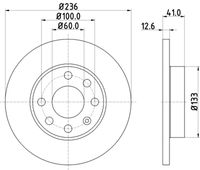 HELLA PAGID 8DD355100431 - Espesor de disco de frenos [mm]: 10<br>Llanta, nº de taladros: 4<br>Cantidad de agujeros de fijación: 3<br>Espesor [mm]: 41<br>Diámetro interior [mm]: 120<br>Diámetro exterior [mm]: 236<br>corona de agujeros - Ø [mm]: 100<br>Superficie: revestido<br>Tipo de disco de frenos: macizo<br>Lado de montaje: Eje delantero<br>Espesor mínimo [mm]: 7<br>Diámetro de centrado [mm]: 60<br>Peso [kg]: 2,995<br>