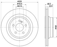 HELLA PAGID 8DD355122951 - Espesor de disco de frenos [mm]: 36<br>Llanta, nº de taladros: 5<br>Cantidad de agujeros de fijación: 2<br>Espesor [mm]: 64,5<br>Diámetro exterior [mm]: 360<br>corona de agujeros - Ø [mm]: 112<br>Procesamiento: altamente carbonizado<br>Superficie: revestido<br>Tipo de disco de frenos: perforado/ventil. int.<br>Lado de montaje: Eje delantero<br>Espesor mínimo [mm]: 34<br>Diámetro de centrado [mm]: 67<br>Peso [kg]: 16,2<br>