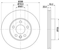 HELLA PAGID 8DD355104481 - año construcción desde: 04/2001<br>Espesor de disco de frenos [mm]: 26<br>Llanta, nº de taladros: 5<br>Cantidad de agujeros de fijación: 1<br>Espesor [mm]: 56,3<br>Diámetro exterior [mm]: 300<br>corona de agujeros - Ø [mm]: 112<br>Superficie: revestido<br>Tipo de disco de frenos: ventilación interna<br>Lado de montaje: Eje delantero<br>Espesor mínimo [mm]: 22<br>Diámetro de centrado [mm]: 68<br>Peso [kg]: 9,15<br>