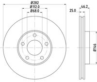 HELLA PAGID 8DD355105551 - Lado de montaje: Eje delantero<br>N.º de chasis (VIN) desde: 3B-X-124108<br>Número de PR: 1LB<br>Número de PR: 1ZC<br>Tipo de disco de frenos: ventilación externa<br>Diámetro exterior [mm]: 288<br>Espesor de disco de frenos [mm]: 25<br>Altura [mm]: 46,2<br>Espesor mínimo [mm]: 23<br>Superficie: revestido<br>Diámetro interior [mm]: 135,5<br>corona de agujeros - Ø [mm]: 112<br>Diámetro de centrado [mm]: 68<br>Diseño/cantidad de taladros: 05/10<br>Diámetro de orificio para perno de rueda [mm]: 15,3<br>Artículo complementario / información complementaria 2: sin buje de rueda<br>Artículo complementario / información complementaria 2: sin cojinete rueda<br>Artículo complementario / información complementaria 2: sin perno de sujeción de rueda<br>Peso [kg]: 7,5<br>Nº de información técnica: 53942PRO<br>