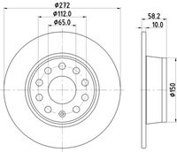 HELLA PAGID 8DD355131811 - Lado de montaje: Eje trasero<br>Número de PR: 0N4<br>Número de PR: 1KE<br>Número de PR: 1KR<br>Equipamiento de vehículo: para vehículos con suspensión multibrazo (Multi-link)<br>Tipo de disco de frenos: macizo<br>Diámetro exterior [mm]: 272<br>Espesor de disco de frenos [mm]: 10<br>Altura [mm]: 48,3<br>Espesor mínimo [mm]: 8<br>Superficie: revestido<br>Diámetro interior [mm]: 149<br>corona de agujeros - Ø [mm]: 112<br>Diámetro de centrado [mm]: 65<br>Diseño/cantidad de taladros: 05/10<br>Diámetro de orificio para perno de rueda [mm]: 15,3<br>Artículo complementario / información complementaria 2: sin buje de rueda<br>Artículo complementario / información complementaria 2: sin cojinete rueda<br>Artículo complementario / información complementaria 2: sin perno de sujeción de rueda<br>Peso [kg]: 3,9<br>Nº de información técnica: 55249PRO<br>