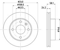 HELLA PAGID 8DD355100531 - Lado de montaje: Eje delantero<br>año construcción hasta: 01/1990<br>Tipo de disco de frenos: ventilado<br>Número de orificios: 4<br>Homologación: E1 90R-02C0074/1904<br>Superficie: aceitado<br>Diámetro exterior [mm]: 240<br>Espesor de disco de frenos [mm]: 24,4<br>Espesor mínimo [mm]: 22,8<br>Diámetro de centrado [mm]: 63,6<br>Altura [mm]: 58,1<br>