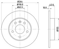 HELLA PAGID 8DD355106111 - Lado de montaje: Eje trasero<br>Llanta, nº de taladros: 4<br>Tipo de disco de frenos: macizo<br>Diámetro exterior [mm]: 240<br>Espesor de disco de frenos [mm]: 10<br>Altura [mm]: 42<br>Espesor mínimo [mm]: 8<br>Superficie: revestido<br>Diámetro interior [mm]: 141<br>corona de agujeros - Ø [mm]: 100<br>Diámetro de centrado [mm]: 57<br>Diseño/cantidad de taladros: 04/05<br>Diámetro de orificio para perno de rueda [mm]: 14,2<br>Artículo complementario / información complementaria 2: sin buje de rueda<br>Artículo complementario / información complementaria 2: sin cojinete rueda<br>Artículo complementario / información complementaria 2: sin perno de sujeción de rueda<br>Peso [kg]: 3,1<br>Nº de información técnica: 52432PRO<br>