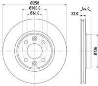 HELLA PAGID 8DD355119461 - Lado de montaje: Eje delantero<br>Dinámica de frenado / conducción: para vehículos con ABS<br>Tipo de disco de frenos: ventilación externa<br>Diámetro exterior [mm]: 258<br>Espesor de disco de frenos [mm]: 22<br>Altura [mm]: 43,9<br>Espesor mínimo [mm]: 19,8<br>Superficie: revestido<br>Diámetro interior [mm]: 125,1<br>corona de agujeros - Ø [mm]: 100<br>Diámetro de centrado [mm]: 61<br>Diseño/cantidad de taladros: 04/06<br>Diámetro de orificio para perno de rueda [mm]: 13,5<br>Artículo complementario / información complementaria 2: sin buje de rueda<br>Artículo complementario / información complementaria 2: sin cojinete rueda<br>Artículo complementario / información complementaria 2: sin perno de sujeción de rueda<br>Peso [kg]: 5,5<br>Nº de información técnica: 55415PRO<br>