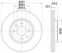 HELLA PAGID 8DD355103971 - Lado de montaje: Eje delantero<br>Código de equipamiento: 0R5/6YL<br>Lado de montaje: Eje delantero<br>Llantas: para llantas de metal ligero<br>Tipo de disco de frenos: ventilado<br>Número de orificios: 4<br>Homologación: E1 90R-02C0343/1465<br>Superficie: aceitado<br>Diámetro exterior [mm]: 257<br>Espesor de disco de frenos [mm]: 22<br>Espesor mínimo [mm]: 20,2<br>Diámetro de centrado [mm]: 59<br>Altura [mm]: 40,3<br>