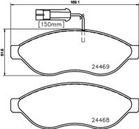 HELLA PAGID 8DB355020651 - Lado de montaje: Eje delantero<br>Código de carga útil: 16Q<br>Código de carga útil: 20Q<br>Código de carga útil: Carga útil pesada<br>Ancho [mm]: 169,1<br>Altura [mm]: 69,1<br>Espesor [mm]: 19<br>Contacto avisador de desgaste: con contacto de aviso de desgaste incorporado<br>Número de indicadores de desgaste [por eje]: 2<br>Artículo complementario / información complementaria 2: con tornillos pinza freno<br>Artículo complementario/Información complementaria: con accesorios<br>Número de WVA: 24467<br>Sistema de frenos: Brembo<br>Peso [kg]: 2,4<br>Nº de información técnica: T2201<br>