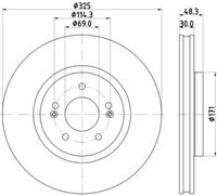 HELLA PAGID 8DD355134721 - Lado de montaje: Eje delantero<br>para artículo nr.: LP3741<br>Tipo de disco de frenos: ventilado<br>Número de orificios: 5<br>Homologación: E1 90R-02C0277/1785<br>Superficie: revestido<br>Diámetro exterior [mm]: 325<br>Espesor de disco de frenos [mm]: 30<br>Espesor mínimo [mm]: 28<br>Diámetro de centrado [mm]: 69<br>Altura [mm]: 48,3<br>