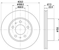 HELLA PAGID 8DD355100341 - Sistema de frenos: Girling<br>Espesor de disco de frenos [mm]: 22<br>Llanta, nº de taladros: 5<br>Diámetro exterior [mm]: 263<br>Superficie: revestido<br>Tipo de disco de frenos: ventilación interna<br>Lado de montaje: Eje delantero<br>Peso [kg]: 5,62<br>