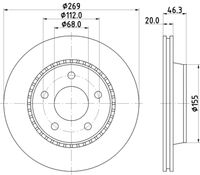 HELLA PAGID 8DD355101351 - Carga útil: para carga útil aumentada<br>Espesor de disco de frenos [mm]: 20<br>Llanta, nº de taladros: 5<br>Diámetro exterior [mm]: 269<br>corona de agujeros - Ø [mm]: 112<br>Superficie: revestido<br>Tipo de disco de frenos: ventilación interna<br>Lado de montaje: Eje trasero<br>Peso [kg]: 5,138<br>